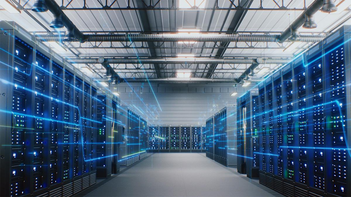 Modern Data Center with Server Racks with VFX Animation of Data Flow, Internet Traffic on Servers
