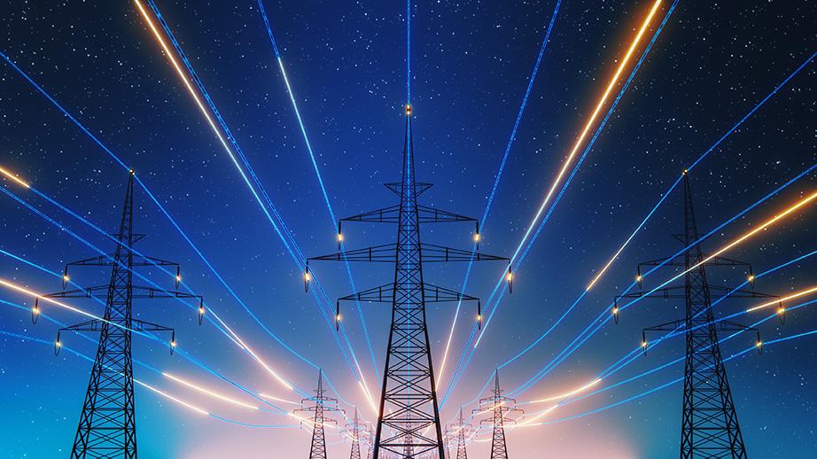 3D Render Of Power Transmission Lines with 3D Digital Visualization of Electricity